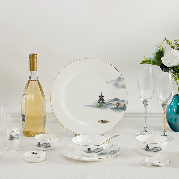 Blue water cloud sky bone China tableware table